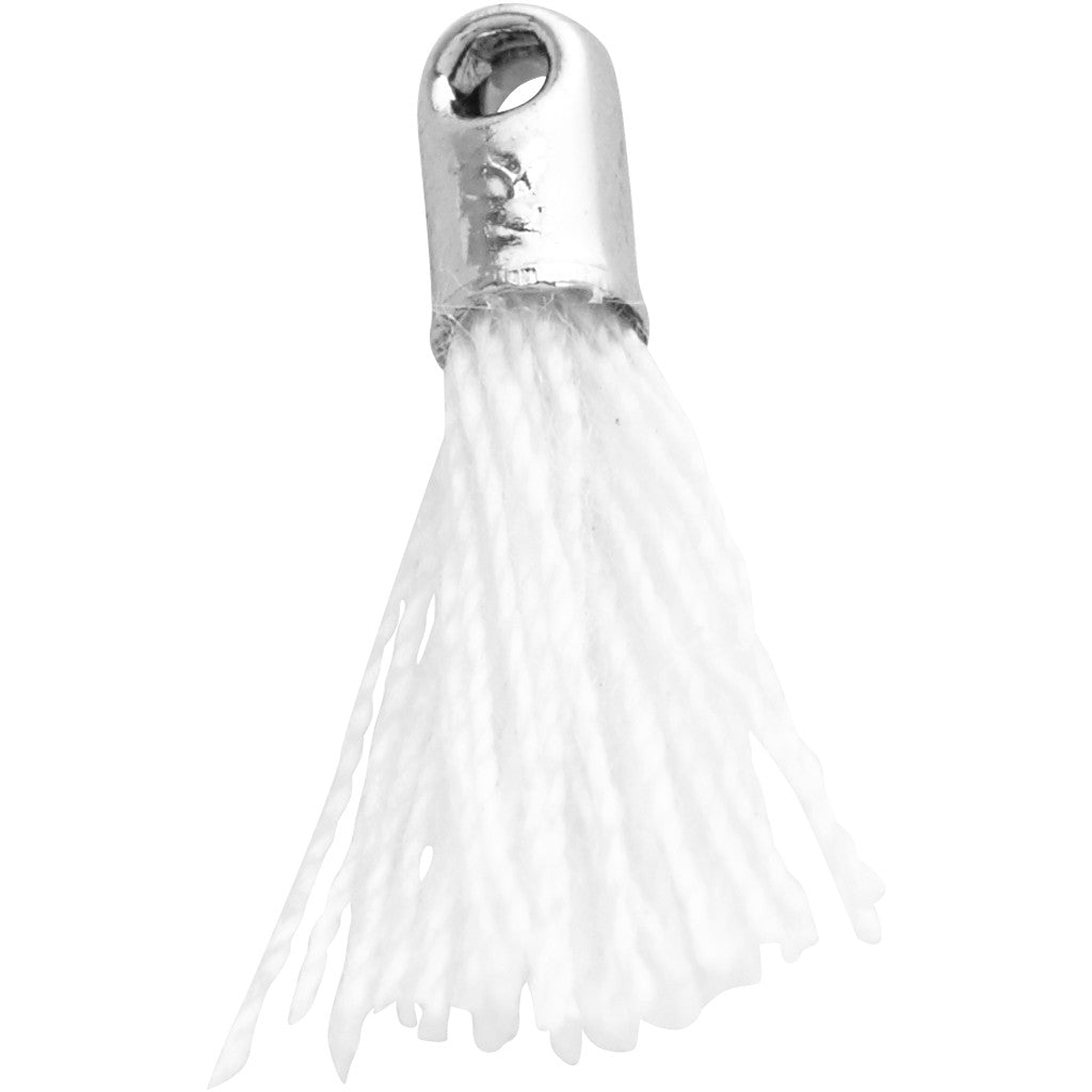 Pompon en coton, L : 10 mm, diamètre intérieur 1 mm, blanc, 5 pièces/ 1 Pq. [HOB-61184]