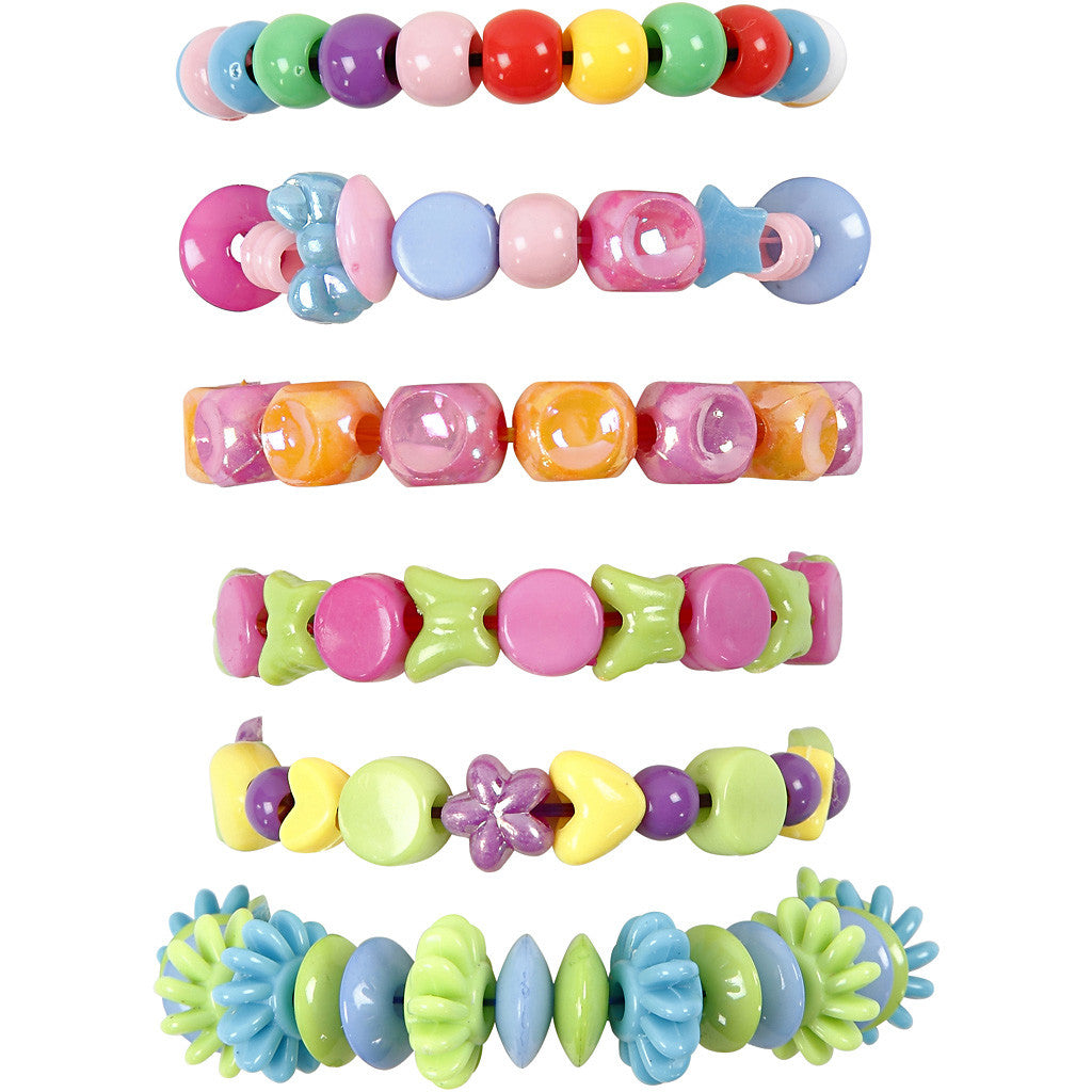 Perles en Plastique et Cordon Élastique pour Perles, dim. 6-20 mm, diamètre intérieur 1,5-6 mm, ca. 3000 gr, 1 Pq. [HOB-61815]