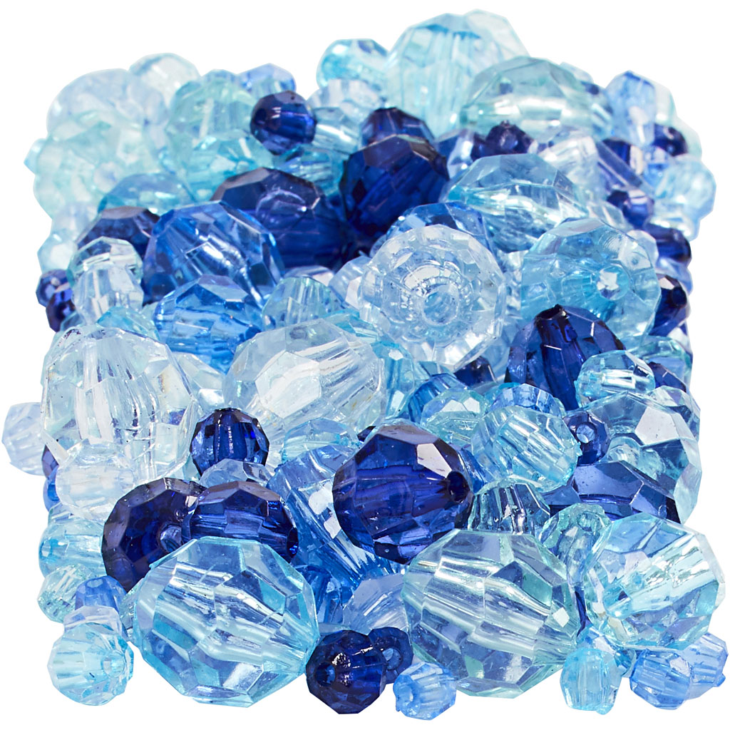 Facet Beads, size 4-12 mm, hole size 1-2,5 mm, ca. 860 pc, blue harmony, 250 g