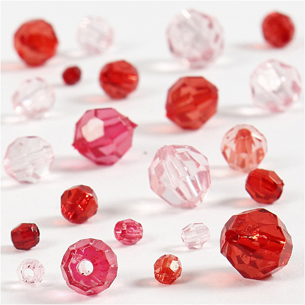 Perles à facettes, dim. 4-12 mm, diamètre intérieur 1-2,5 mm, ca. 860 pièce, harmonie de rouges, 250 gr/ 1 Pq. [HOB-61885]