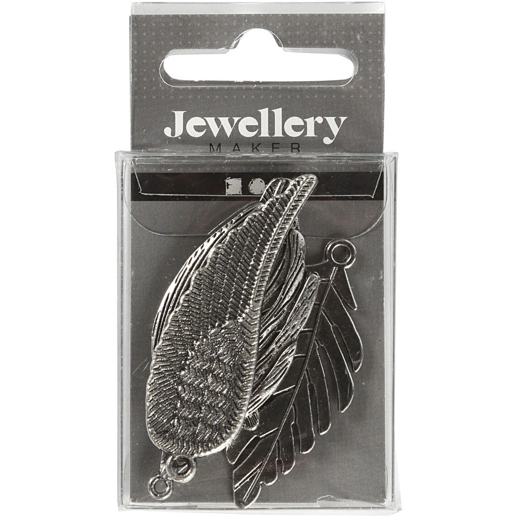 Piuma, misura 29-55 mm, misura buco 12-20 mm, argento antico, 4 pz/ 1 conf. [HOB-637110]