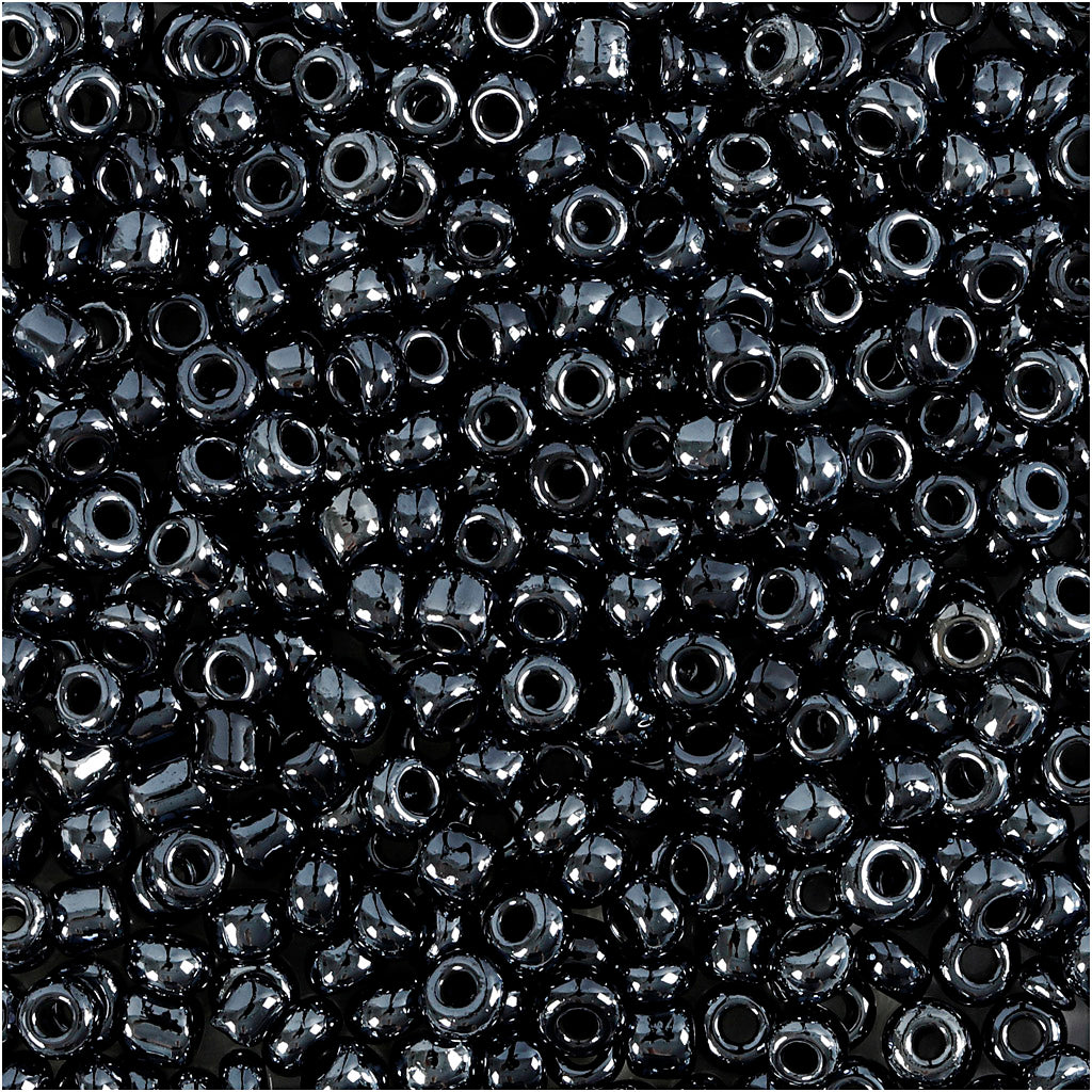 Rocaille Seed Beads, dia. 3 mm, size 8/0, hole size 0,6-1,0 mm, metallic black, 25 g