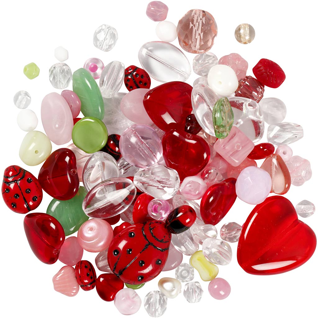 Perle di vetro, coccinelle, foglie, cuori, diam 5-22 mm, misura buco 0,5-1,5 mm, colori asst., 350 g/ 1 conf. [HOB-68423]