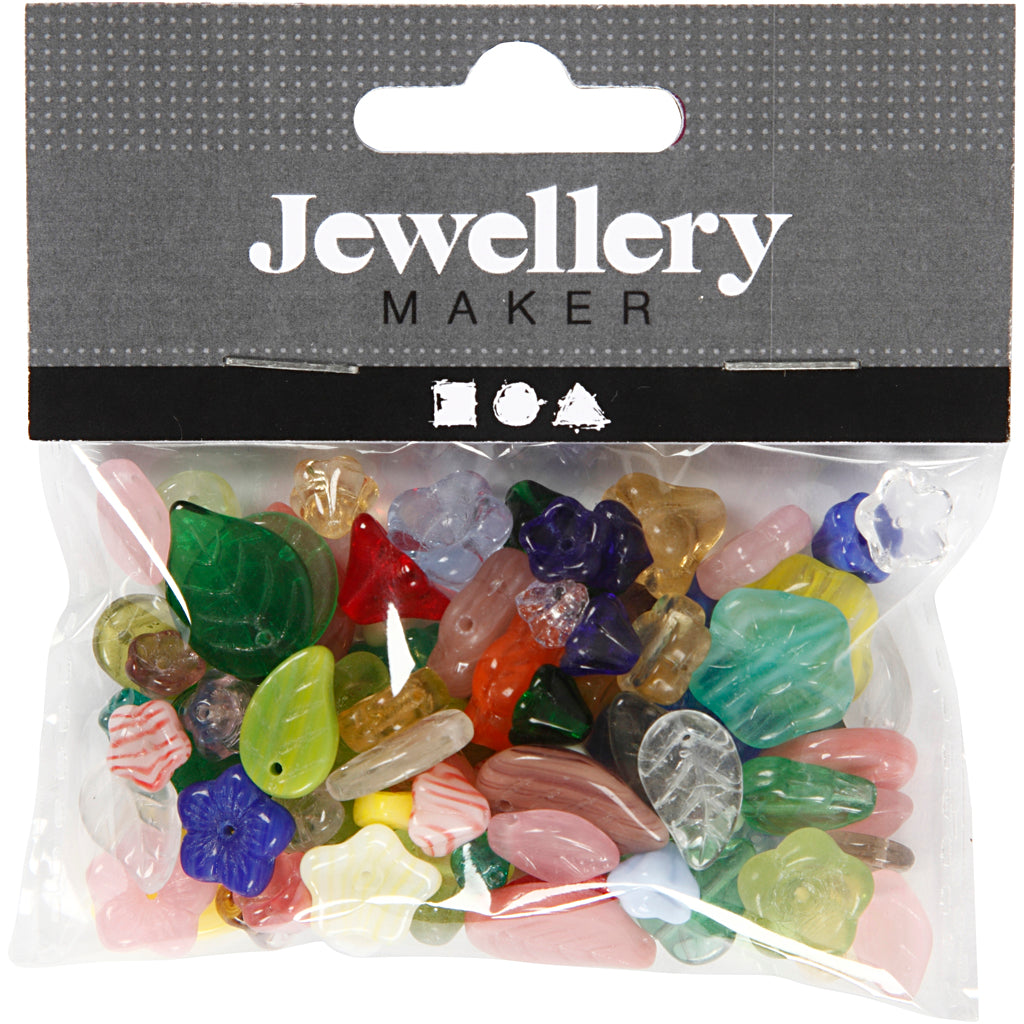 Glasperlen, Blätter, Blumen, D 6-17 mm, Lochgröße 0,5-1,5 mm, Sortierte Farben, 60 g/ 1 Pck [HOB-684260]