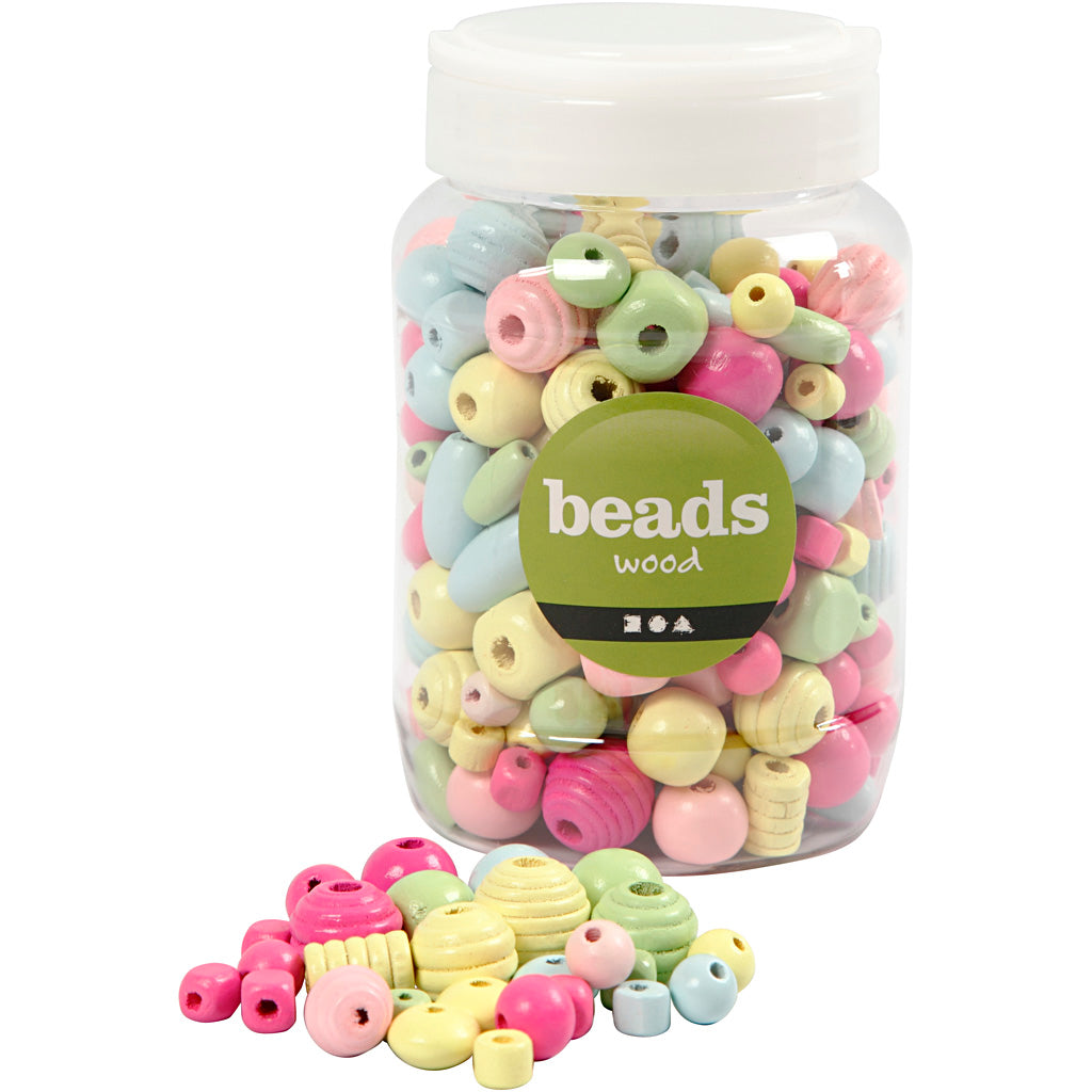 Wooden Beads, dia. 10-15 mm, hole size 3-5 mm, light blue, light green, light red, light yellow, 400 ml/ 1 bucket