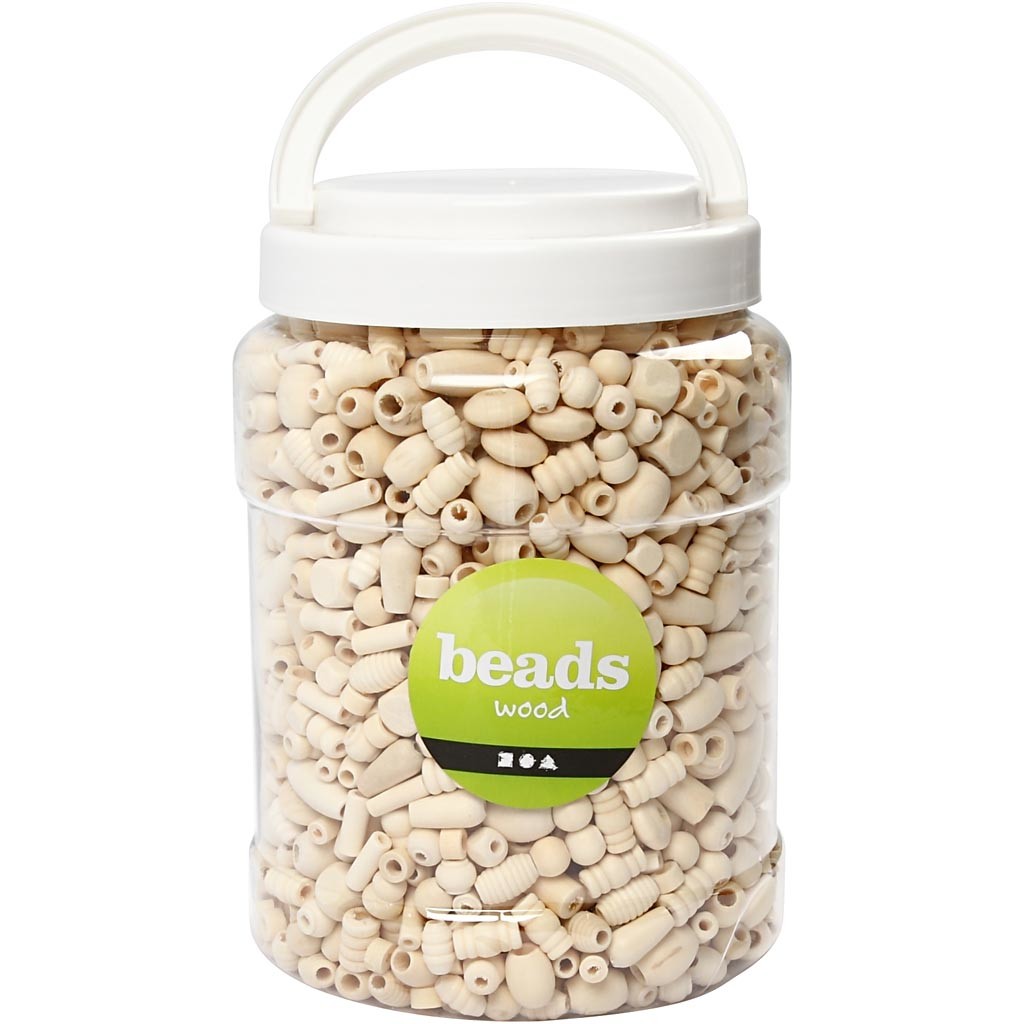 Perles en bois, dim. 5-28 mm, diamètre intérieur 2,5-3 mm, ca. 1462 pièce, 850 gr, 2 L/ 1 seau [HOB-68477]