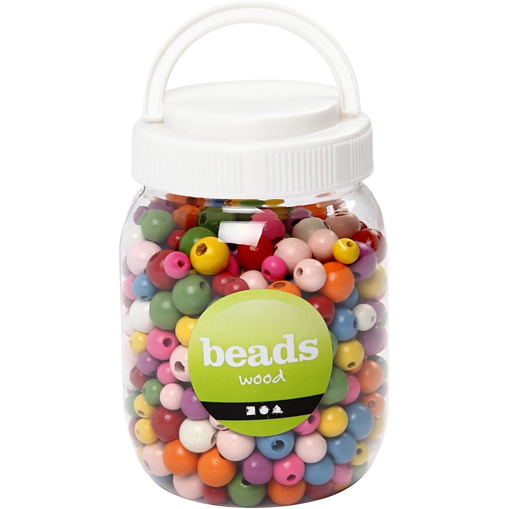 Perles en bois, d 8+10+12 mm, diamètre intérieur 2-2,5 mm, ass. de couleurs, 400ml/ 1 seau, 175 gr [HOB-68481]