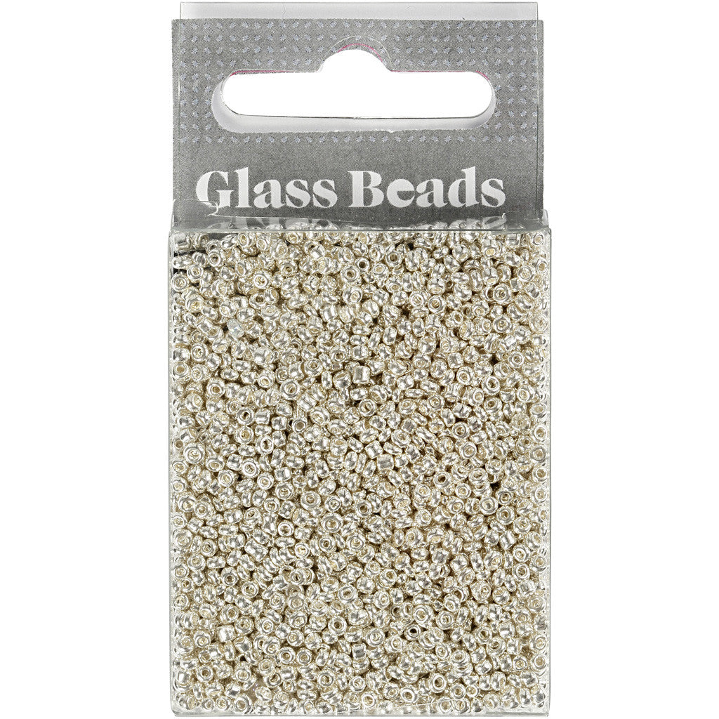 Perles de Rocaille, d 1,7 mm, dim. 15/0, diamètre intérieur 0,5-0,8 mm, Argent métallisé, 25 gr/ 1 Pq. [HOB-686720]