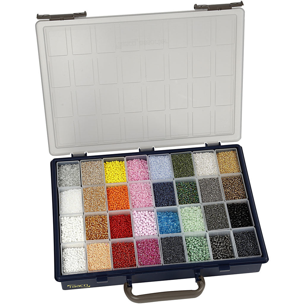 Perline Rocaille, diam 1,7+3+4 mm, misura 6/0+8/0+12/0, misura buco 0,5-1,2 mm, colori può variare , 32x100 g/ 1 conf. [HOB-688213]