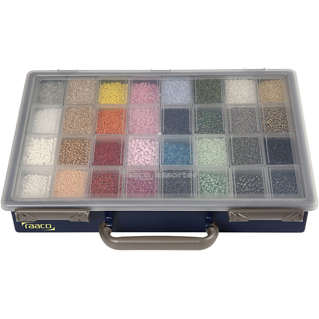 Perles de Rocaille, d 1,7+3+4 mm, dim. 6/0+8/0+12/0, diamètre intérieur 0,5-1,2 mm, la couleur peut varier , 32x100 gr/ 1 Pq. [HOB-688213]