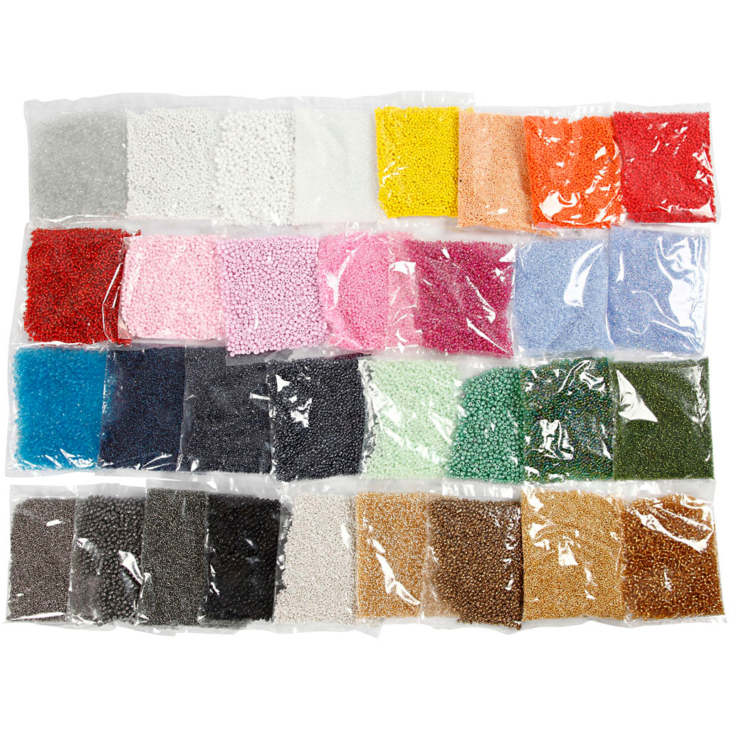 Perles de Rocaille, d 1,7+3+4 mm, dim. 6/0+8/0+12/0, diamètre intérieur 0,5-1,2 mm, la couleur peut varier , 32x100 gr/ 1 Pq. [HOB-68821]