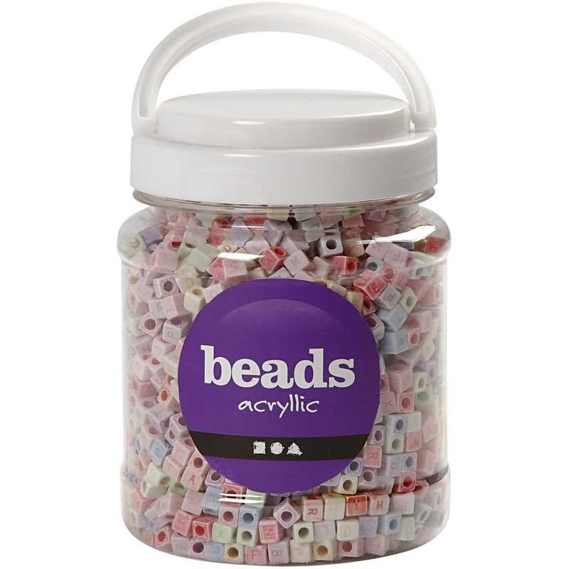 Perles lettres, dim. 6x6 mm, diamètre intérieur 3 mm, ca. 2300 pièce, 500 gr, 700 ml/ 1 boîte [HOB-69904]