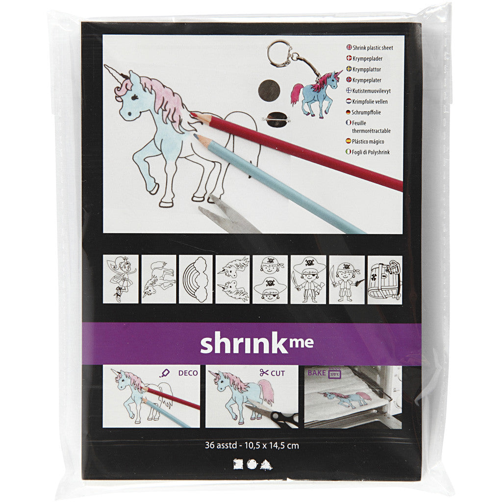 Feuilles de plastique thermorétractable avec motifs, feuille 10,5x14,5 cm, ép. 0,3 mm, 36 flles/ 1 Pq. [HOB-79072]