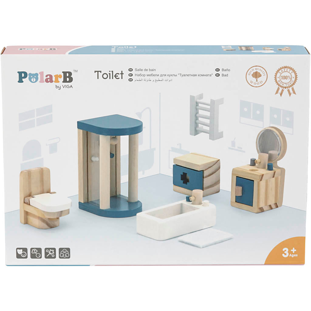 VIGA Puppenhausmöbel, Badezimmer, Größe 2x2x7,5 cm, 7 Teile/ 1 Set [HOB-906694]