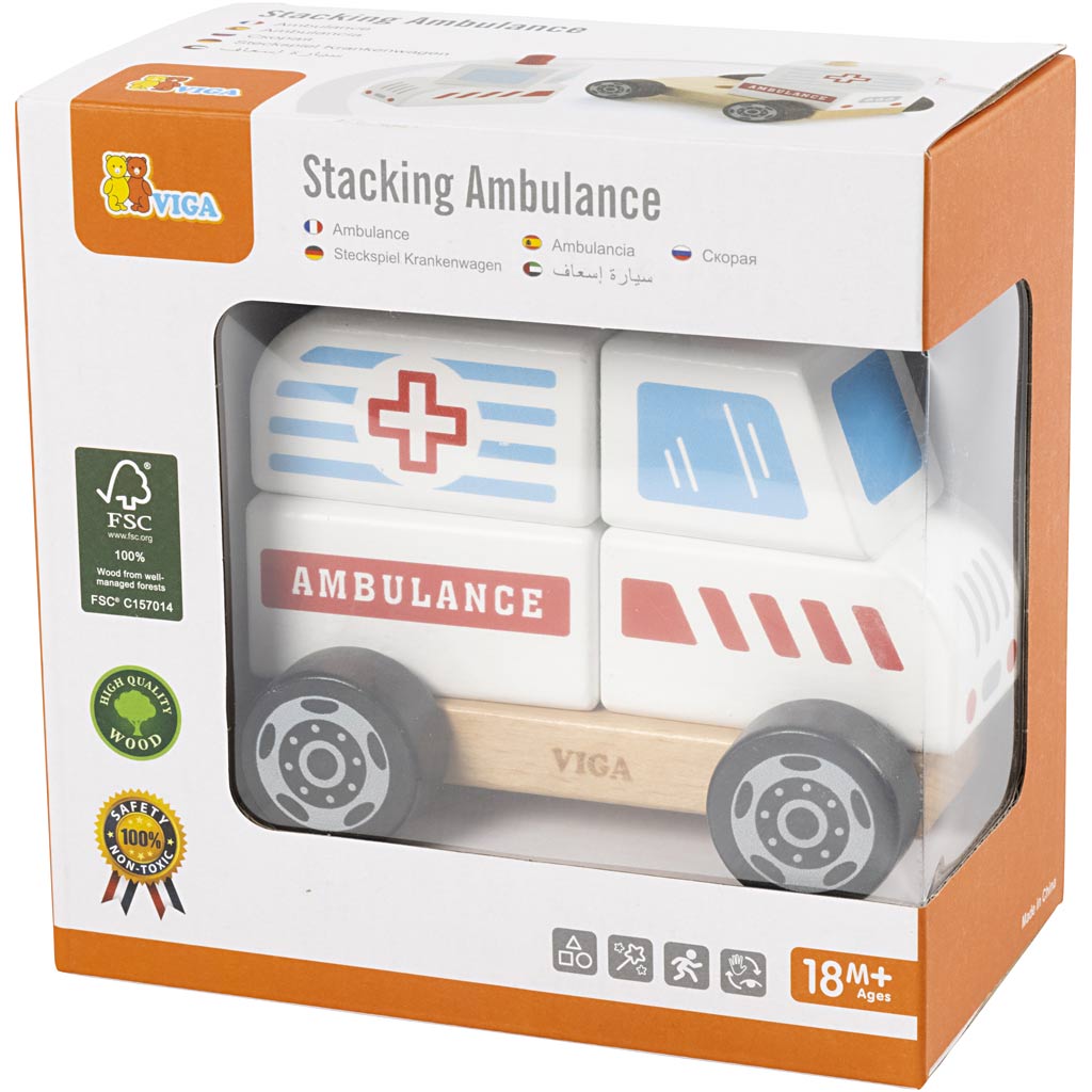 VIGA Ambulanzwagen aus Holzklötzen, Ambulanz, Größe 13x10x8 cm, 1 Stk [HOB-907664]