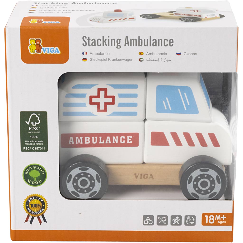 Giocattolo impilabile in legno per ambulanza VIGA , Ambulanza, misura 13x10x8 cm, 1 pz [HOB-907664]