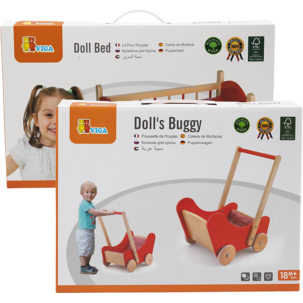VIGA Puppenbett und Puppenwagen aus Holz, Rot, 2 Teile/ 1 Set [HOB-980948]