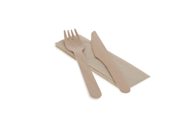 Besteckset aus Holz 3/1 Messer + Gabel + Serviette (250 Stück) [TK-9987657]