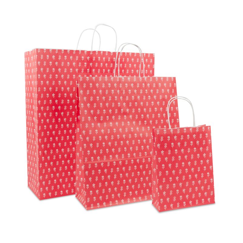 Papiertragetaschen mit gedrehte Griffe - Blumen 18+8x24 cm Rot (300 Stück) [FP-DPT082]
