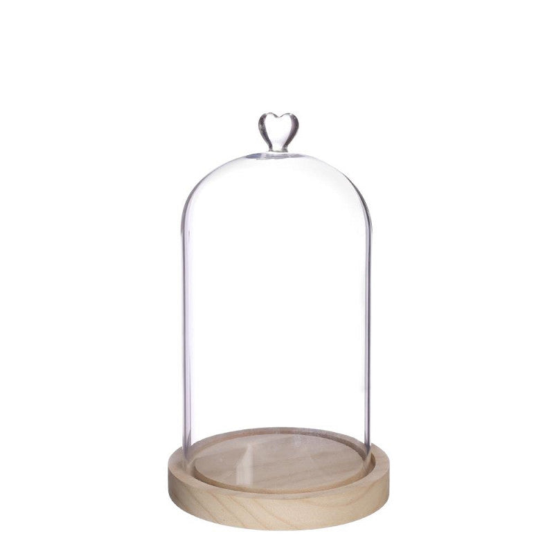 Glasglocke mit herzförmigem Holzsockel, Ø 14 cm, H. 24 cm (1 Stück) [IFS-29364]