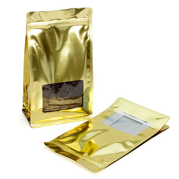Kaffeebeutel Gold 12.7x7.6x20.3cm mit Fenster (100 Stück) [SQMS7SG]