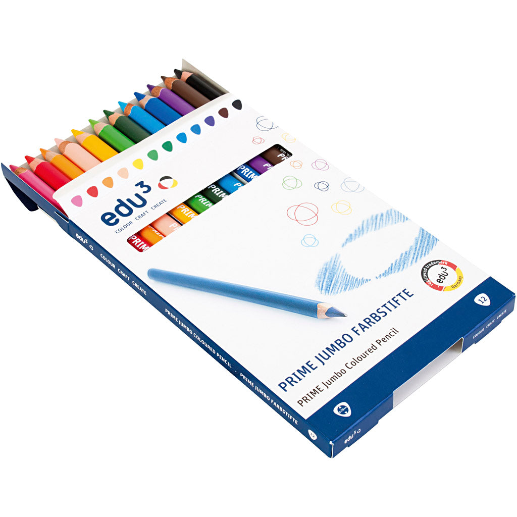edu Jumbo Coloured Pencils, thickness 10 mm, lead 6,25 mm, assorted colours, 12 pc