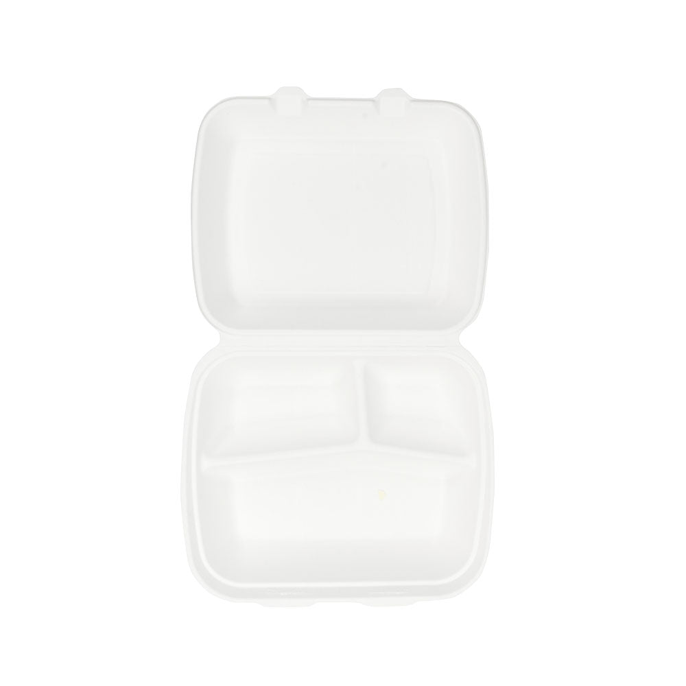 Menüschale mit Deckel Zuckerrohr 3-Fächer 25x20x7,5 cm (200 Stück) [GB-DFC01337]