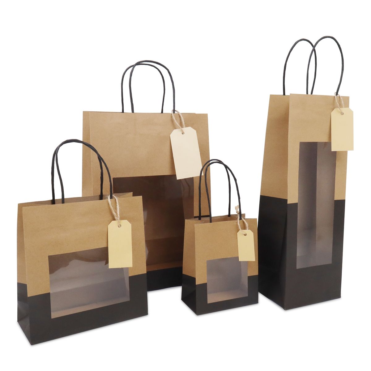 Sacs cadeaux avec fenêtre et étiquette 18+8x19cm kraft/noir (100 pièces) [FP-DPT113]