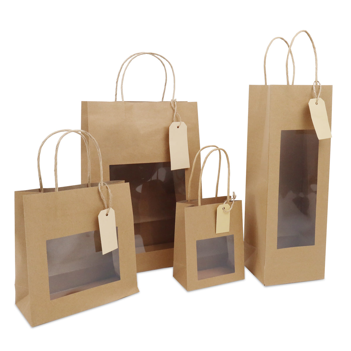Sacs cadeaux avec fenêtre et étiquette 12+10x35cm Kraft (100 pièces) [FP-DPT121]