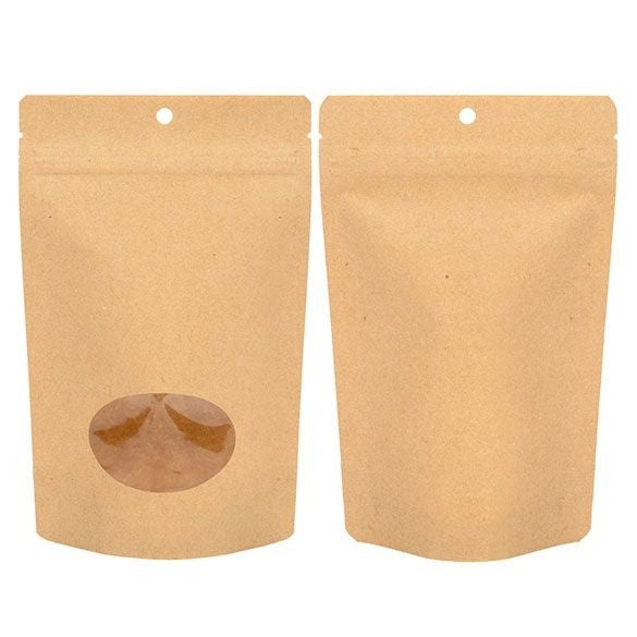 Doypack Compostable Kraft avec fenêtre ovale 13x7,9x20,6cm | 113g (100 pièces) [ZBGEO3K]