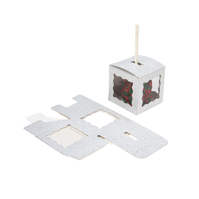 Faltbare Box Glitzer Silber 5,1x5,1x5,1 cm 3 seitiges Fenster (25 Stück) [FB1SGW]