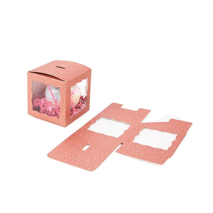 Faltbare Box Glitzer Rose-Gold 7,6x7,6x7,6 cm 3 seitigem Fenster (25 Stück) [FB2RGW]