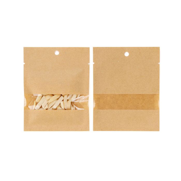 Kraftbeutel 8.5x10.5cm Braun mit Fenster | Industriell Kompostierbar & Heißsiegelfähig (100 Stück) [KHS34W]