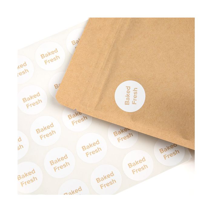 Autocollant rond Baked Fresh (Blanc avec Texte kraft) 2,5 cm (1 Feuille) [LS1BFK]