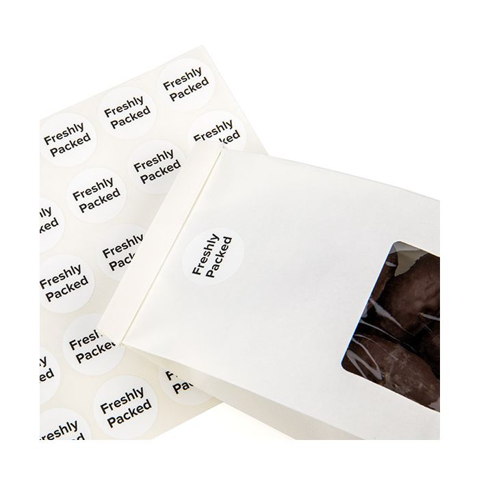 Autocollant rond Freshly Packed (Blanc avec Texte Noir) 2,5 cm (1 Feuille) [LS1FP]