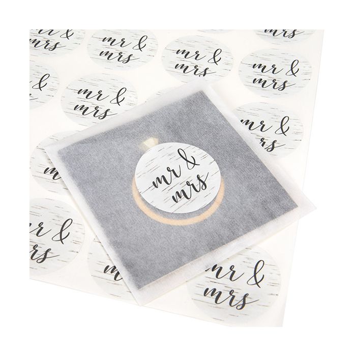 Autocollant rond Mr. & Mrs. (Bois avec Impressions Grises) 3,8 cm (1 Feuille) [LS1HBMM]