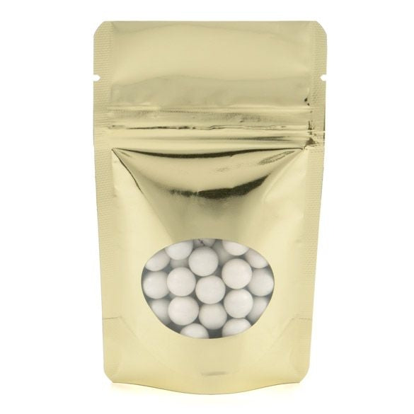 Buste doypack color oro con finestra ovale 8x5x13cm | 28 grammi (100 pezzi) [ZBGMO1SG]