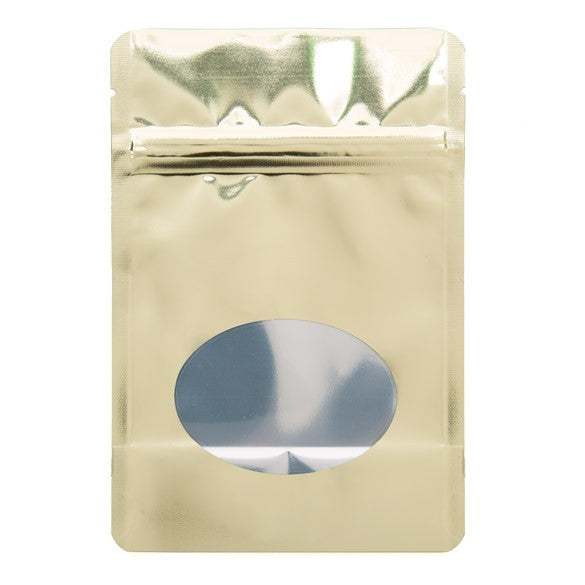 Standbodenbeutel Gold 10.2x6x15.2cm | 57 Gramm mit rundem Fenster (100 Stück) [ZBGMO2SG]