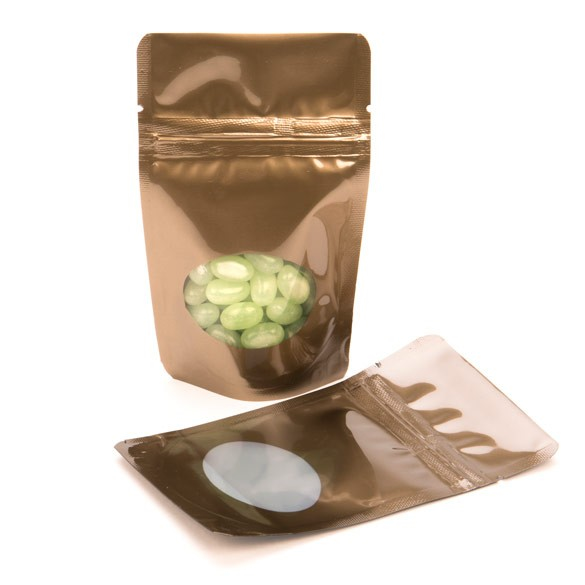 Standbodenbeutel Bronze 8x5x13cm | 28 Gramm mit rundem Fenster (100 Stück) [ZBGO1BZ]