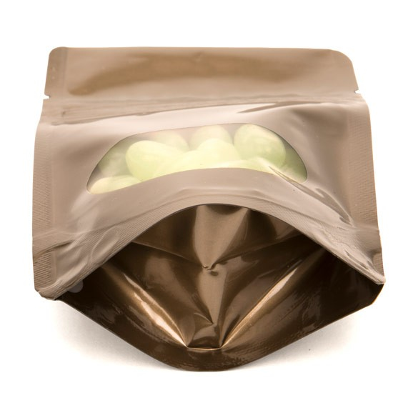 Standbodenbeutel Bronze 8x5x13cm | 28 Gramm mit rundem Fenster (100 Stück) [ZBGO1BZ]