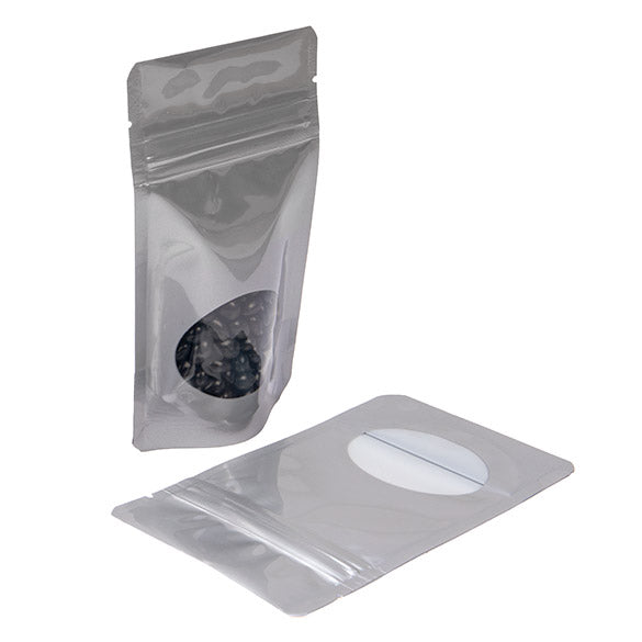 Buste doypack color argento con finestra ovale 8x5x13cm | 28 grammi (100 pezzi) [ZBGO1S]