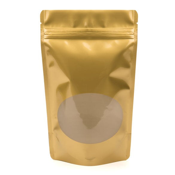 Buste doypack color oro con finestra ovale 13x7x20.5cm | 113 grammi (100 pezzi) [ZBGO3G]