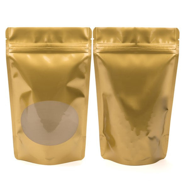 Buste doypack color oro con finestra ovale 13x7x20.5cm | 113 grammi (100 pezzi) [ZBGO3G]