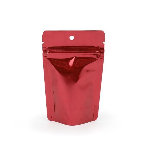 Doypack Rouge Métallisé 8x5x13cm | 28g Trou Suspension Rond (100 pièces) [ZBGM1RH]