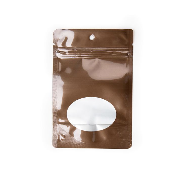 Doypack Bronze avec fenêtre ovale 10.2x6x15.2cm avec trou de suspension (100 pièces) [ZBGMO2BZH]