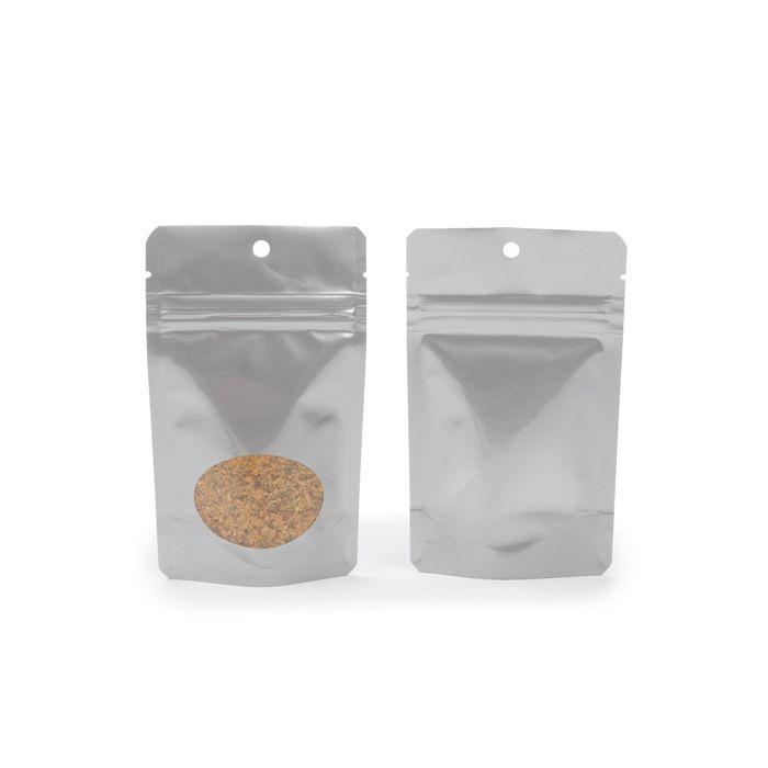 Doypack Argent avec fenêtre ovale 8x5x13cm | 28 g trou de suspension (100 pièces) [ZBGO1SH]