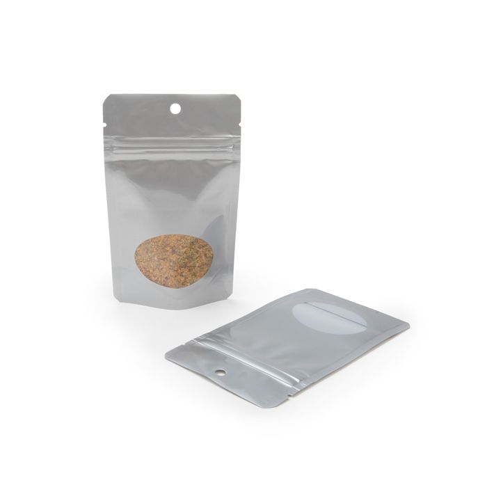 Buste doypack color argento con finestra ovale 8 x 5 x 13 cm + foro (100 pezzi) [ZBGO1SH]