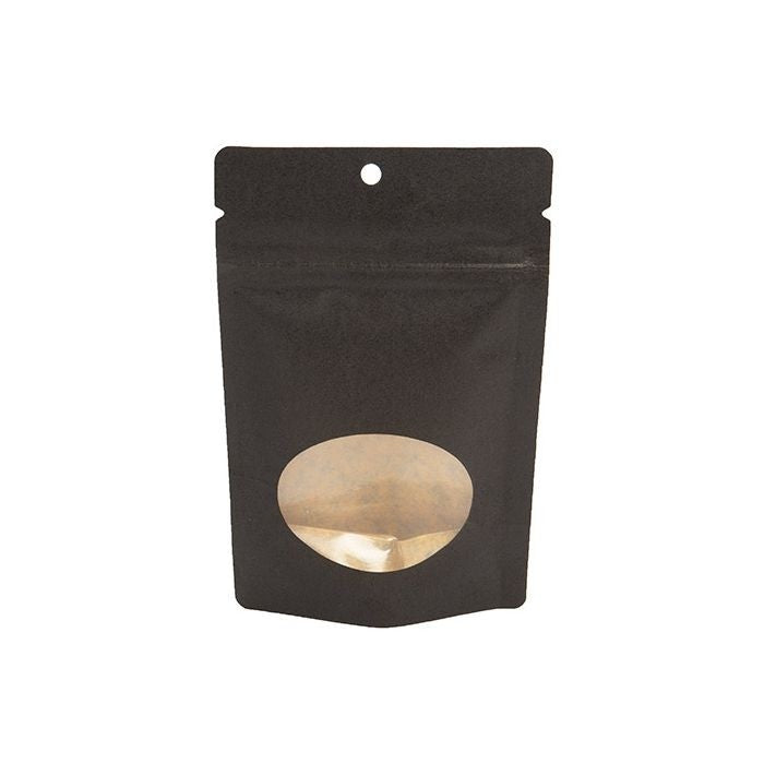 Doypack en papier Kraft Noir avec fenêtre ovale 10.2x6x15.2cm | 57g Trou Suspension Rond (100 pièces) [ZBGO2BKH]