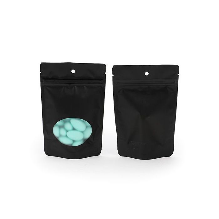 Buste doypack nere con finestra ovale 10,2x6x15,2cm con foro (100 pezzi) [ZBGO2MBH]