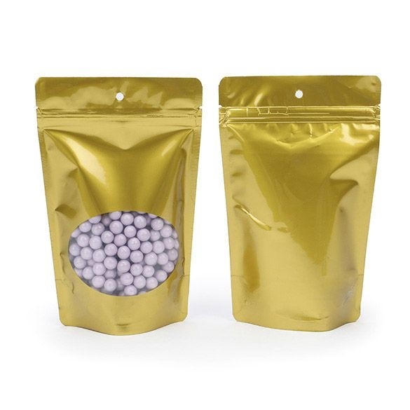 Standbodenbeutel Gold 13x8x20.5cm | 110 Gramm mit rundem Fenster & Aufhängeloch (100 Stück) [ZBGO3GH]